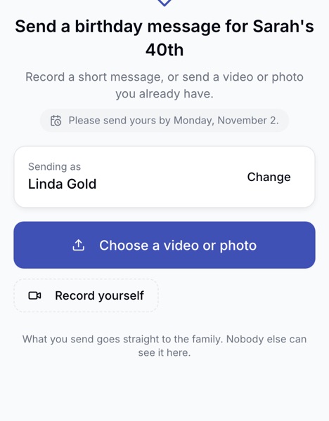 The page a guest opens: Send a birthday message for Sarah's 40th, with a send-by date, their name, and buttons to choose a video or photo or record themselves.